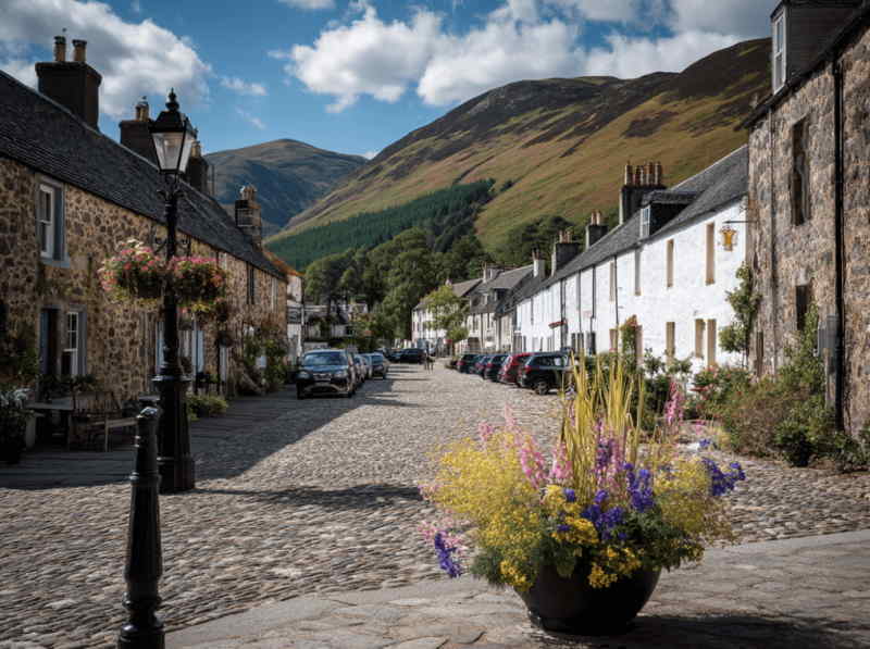 Picturesque view of Braemar village in Aberdeenshire, Scotland, with cobblestone streets, stone cottages, hanging flower baskets, and mountain scenery.