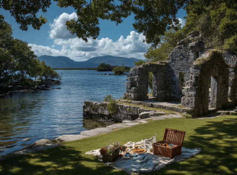 Picnic setup on a blanket beside the ruins of Innisfallen Abbey on Innisfallen Island, overlooking Lough Leane and the mountains of Killarney National Park.