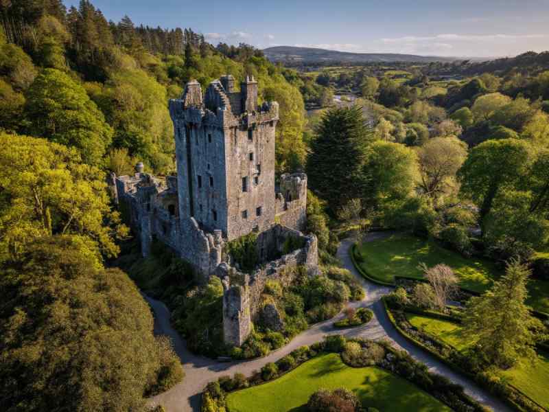 Aerial view of Blarney Castle surrounded by lush gardens and woodland in County Cork, Ireland.