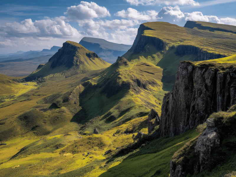 Expansive view of the Quiraing on the Isle of Skye, with jagged cliffs, rolling green slopes, and dramatic rock formations.
