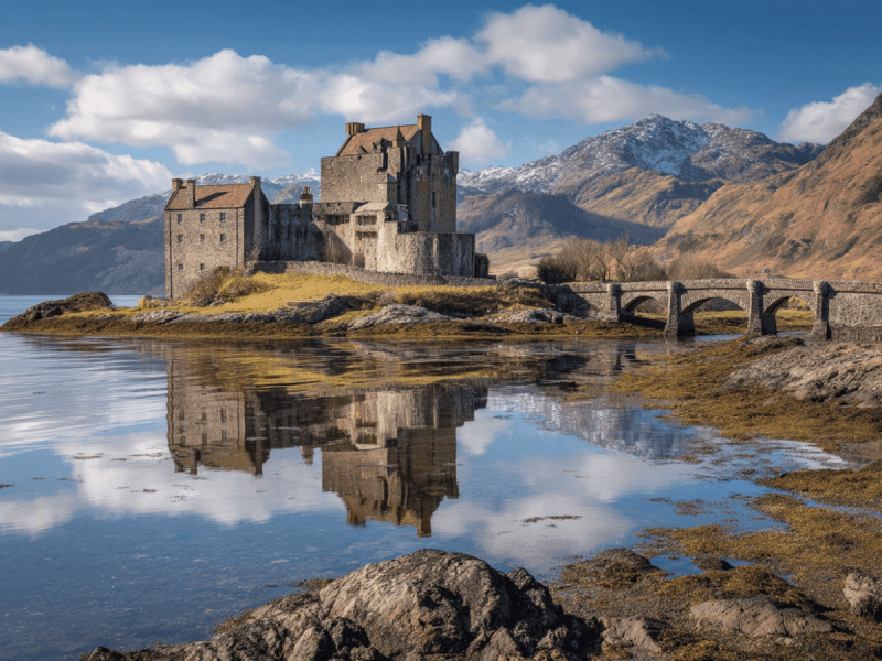 Eilean Donan Castle reflected in calm waters of Loch Duich, with its stone bridge and snow-dusted Highland mountains