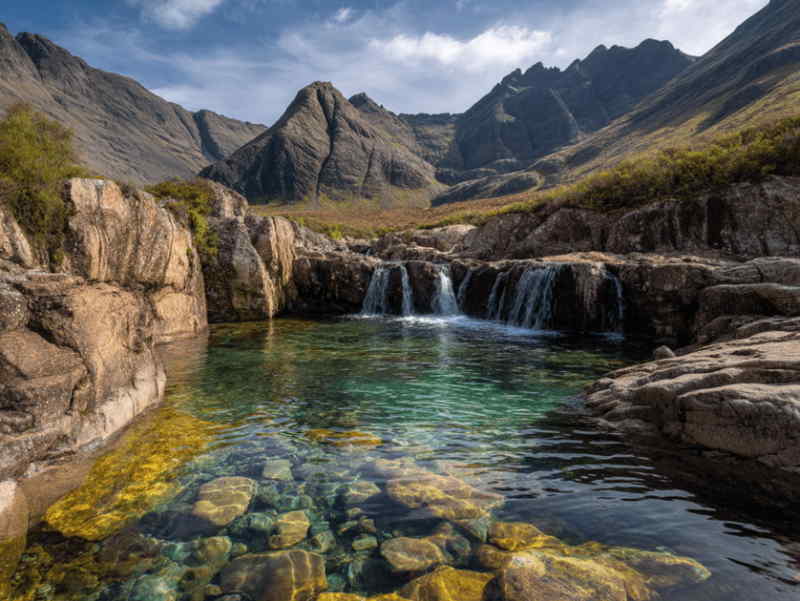 Fairy Pools on the Isle of Skye, Scotland, with crystal-clear turquoise water, rocky cascades, and the dramatic Cuillin mountains in the background.