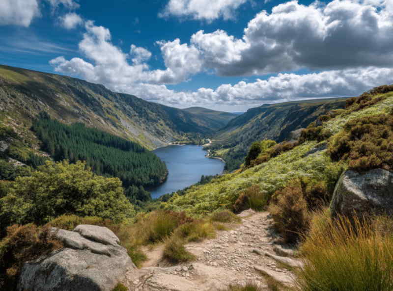 Scenic view from The Spinc hiking trail in Glendalough, Wicklow Mountains, with rugged cliffs, lush greenery, and the Upper Lake surrounded by forest under a dramatic sky.
