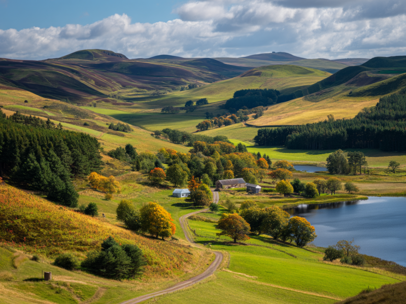 Picturesque view of Flotterstone in the Pentland Hills, Scotland, featuring rolling green hills, autumn trees, a winding country road, and a tranquil loch.