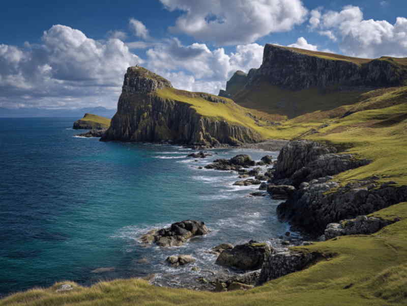 Brother’s Point (Rubha nam Brathairean) on the Isle of Skye, Scotland, featuring dramatic sea cliffs, rocky shoreline, and green grassy slopes with the Atlantic Ocean stretching into the distance.