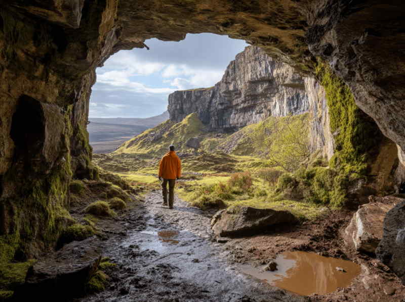 A hiker in an orange jacket standing at the entrance of the Bone Caves, looking out toward mossy cliffs and open moorland.