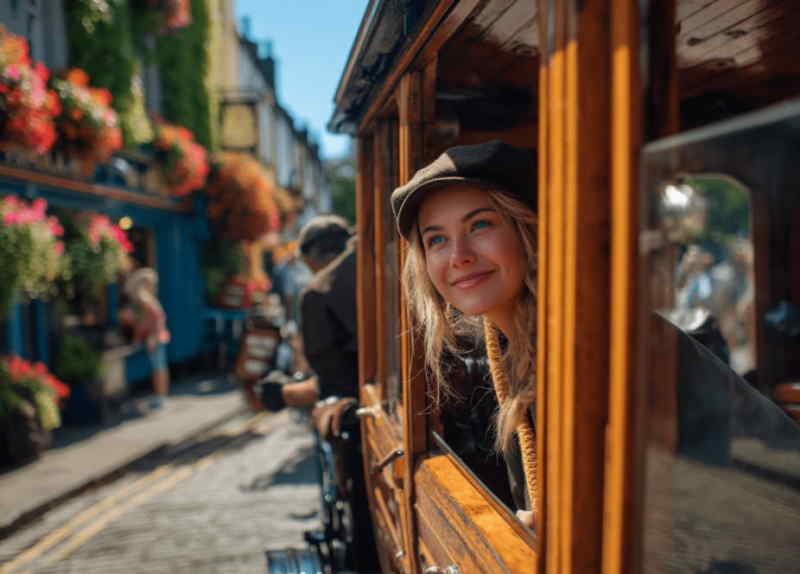 Smiling woman enjoying a traditional jaunting car ride through the colorful flower-lined streets of Killarney Town.