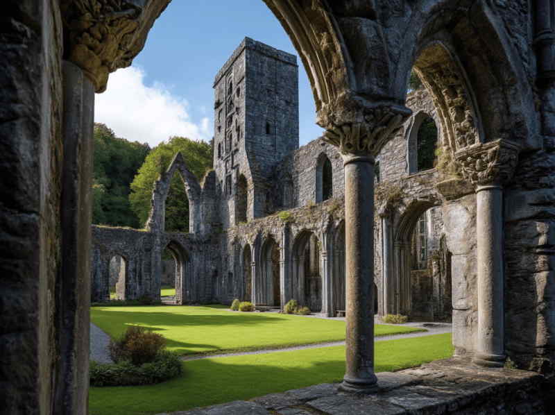 Stone arches and tower of Jerpoint Abbey in County Kilkenny, Ireland, showcasing the well-preserved medieval ruins, cloister, and historic architecture surrounded by greenery.