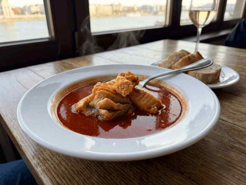Traditional Hungarian halászlé fish soup served with bread beside a glass of wine overlooking the Danube