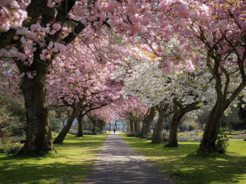 Pathway lined with cherry blossom trees in full bloom at Herbert Park, Dublin, with vibrant pink and white flowers creating a picturesque springtime scene.