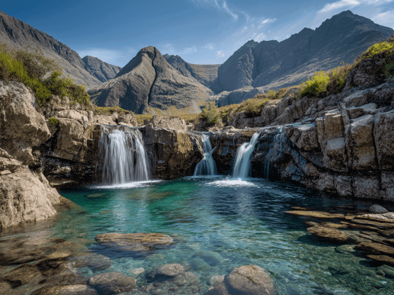 Crystal-clear turquoise waters of the Fairy Pools with cascading waterfalls and the dramatic Cuillin Mountains in the background on the Isle of Skye, Scotland.