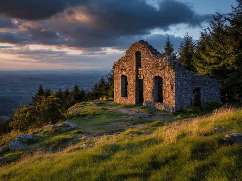 Stone ruins of the Hellfire Club on Montpelier Hill in Dublin, Ireland, surrounded by forest and grassy slopes with panoramic views at sunset.