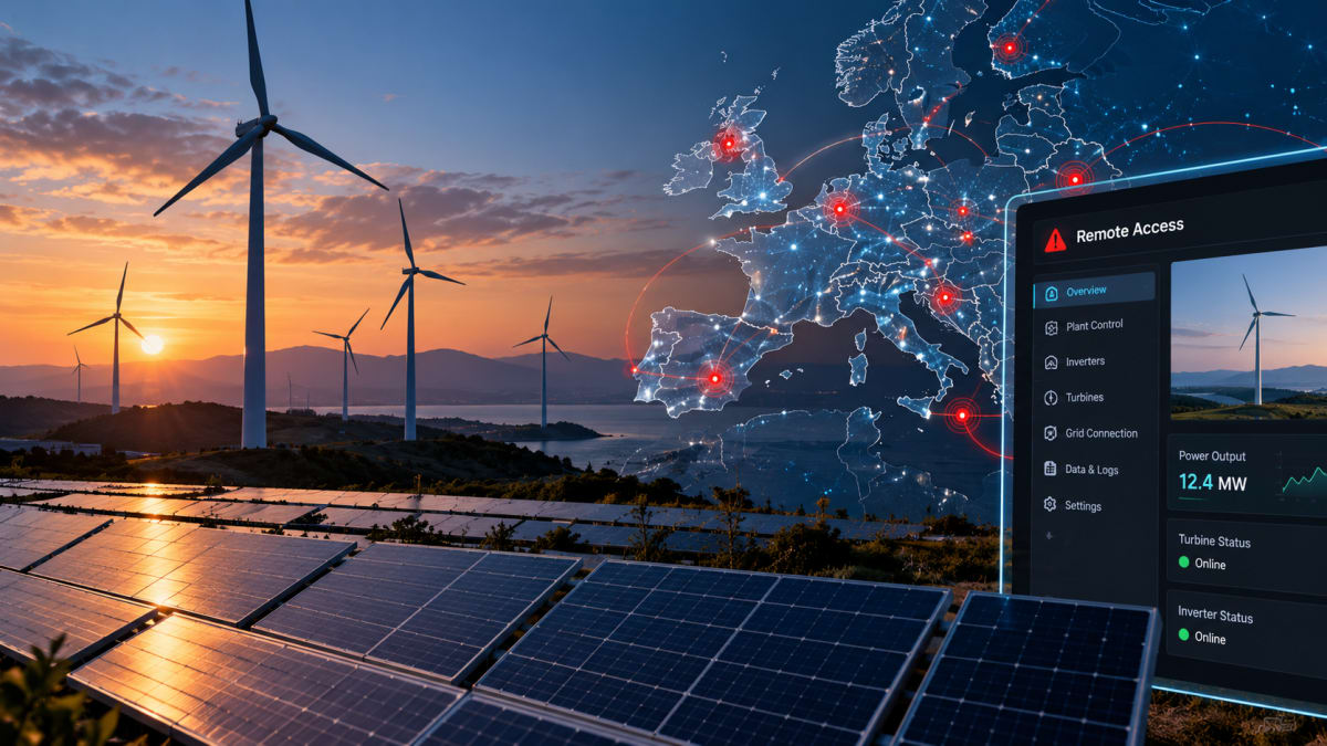 AI-generált illusztráció: európai megújulóenergia-infrastruktúra és digitális kitettség.