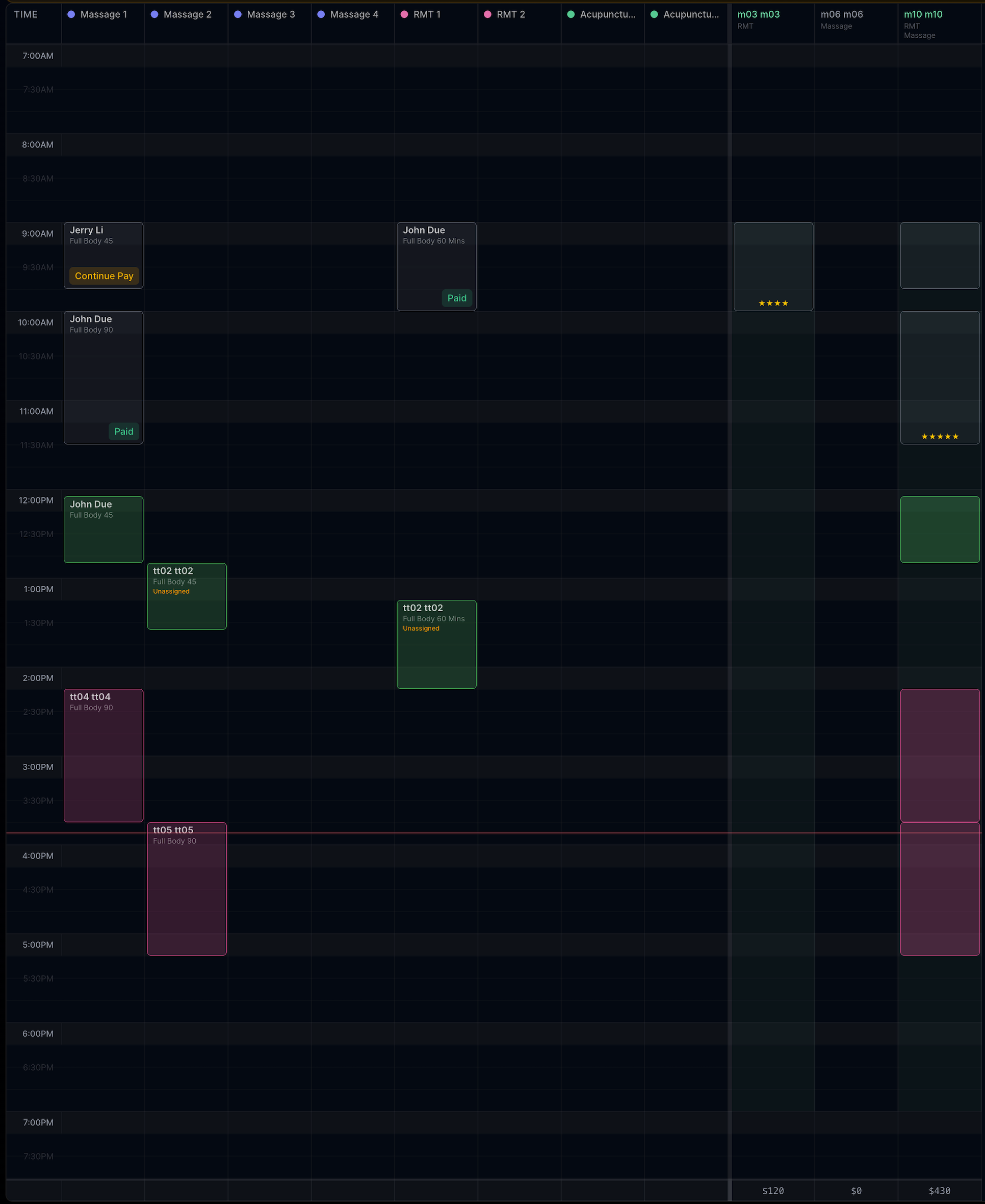 BookSpa booking calendar — live staff schedule view