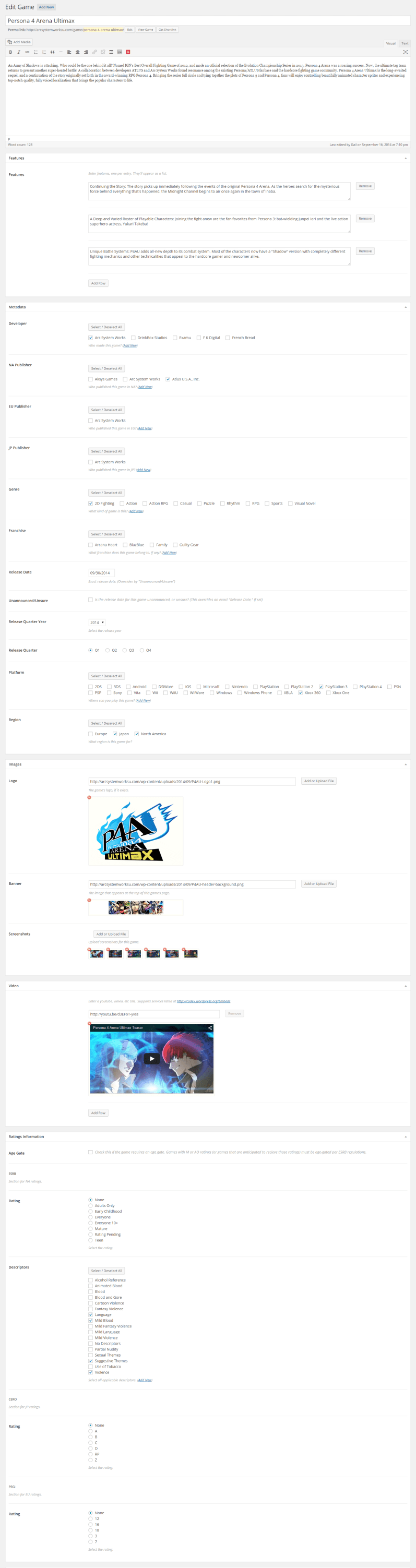 Example of game content in backend