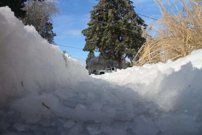View from a tire rut in the snow