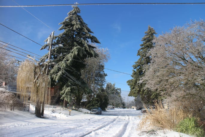 A snowy street and a blue sky