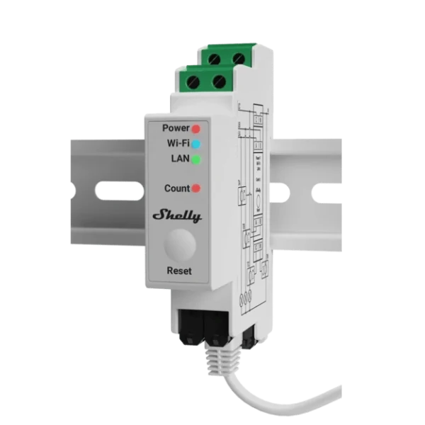 מונה חשמל Shelly Pro 3EM Lite במבט מהצד, מארז לבן להתקנה על פס דין