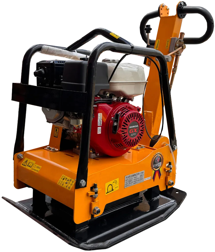 Rana compactadora Cormag C160 con 30kN de compactación, peso de 170kg y placa base de 70x50 cm para construcción.
