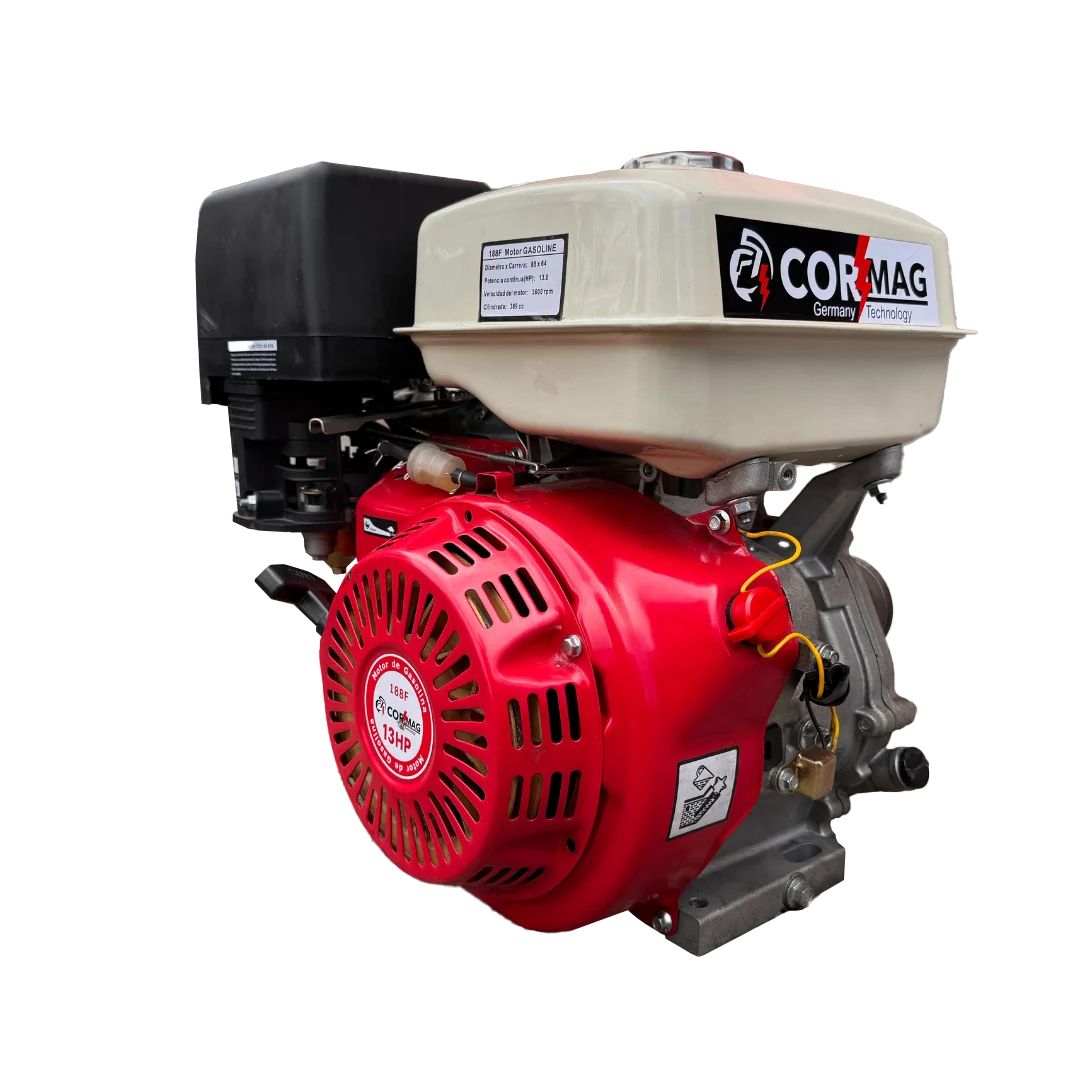 Motor a gasolina CORMAG 13HP de 389cc y 4 tiempos, con arranque manual retráctil y motor OHV, ideal para maquinaria de construcción y agrícola.