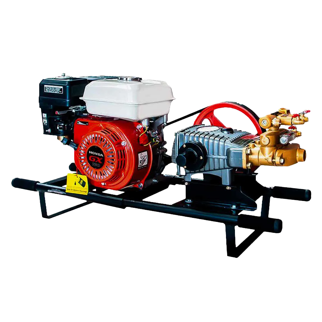 Fumigadora Estacionaria Honda GX160 con motor original de 5.5 HP, bomba de 3 pistones cerámicos y versiones disponibles a gasolina, diésel o eléctrica.