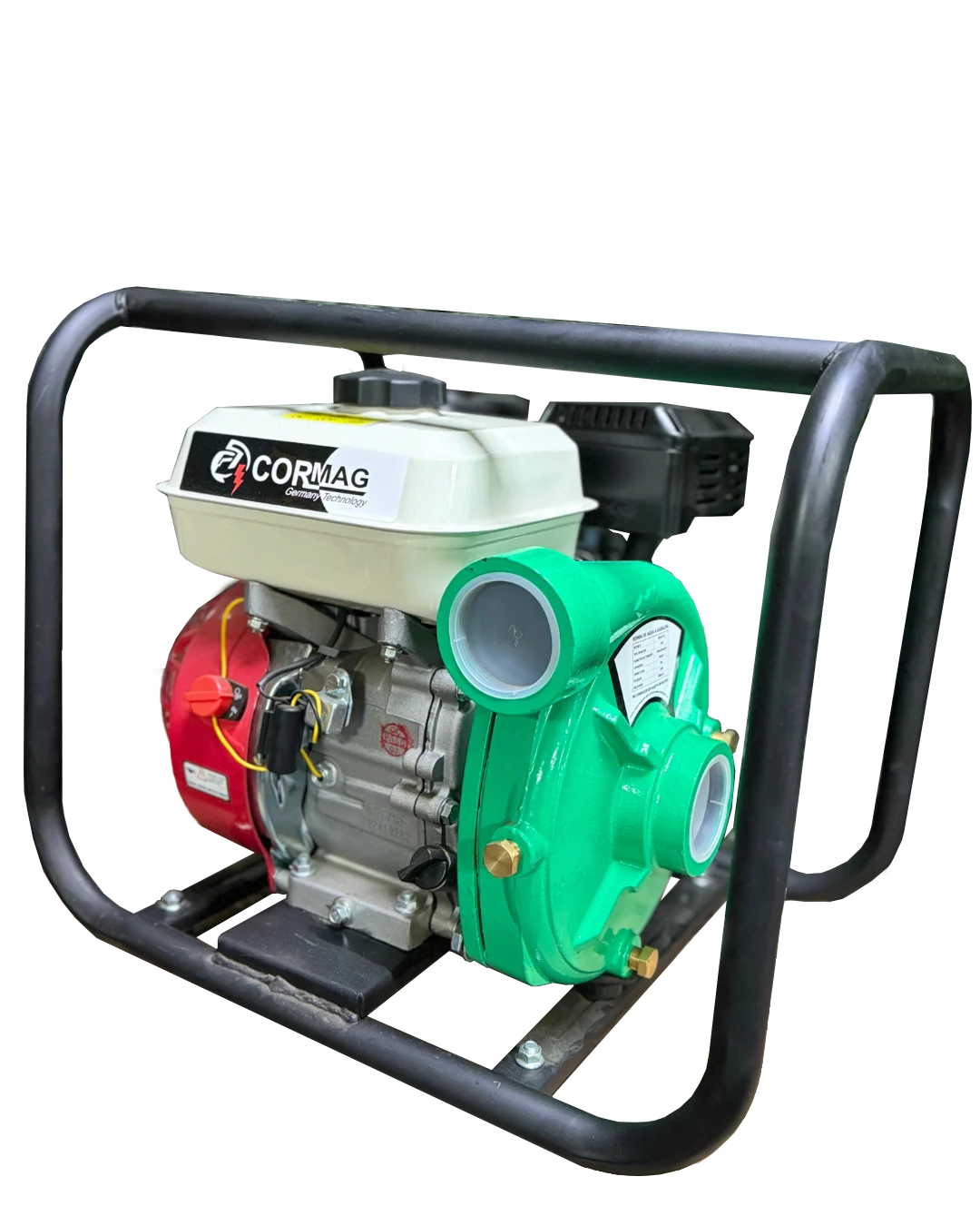 Motobomba CORMAG 7HP a gasolina, 520 litros por minuto y presión máxima de 100 PSI, ideal para riego y trabajos agrícolas.