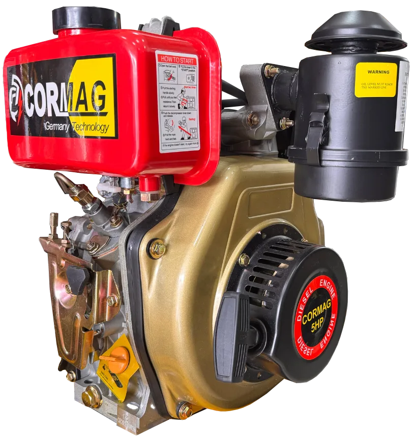 Motor diésel CORMAG 5HP de 247cc, 4 tiempos, refrigerado por aire, eje de 1” tipo cuña y filtro de aire con baño de aceite, ideal para maquinaria industrial.