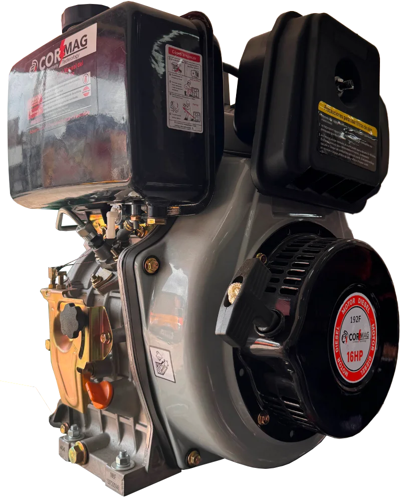 Motor Diésel Cormag 16 HP de 4 tiempos, 532 cc y arranque eléctrico, con filtro semi-seco y tanque de 5.5 L, ideal para maquinaria industrial y agrícola.