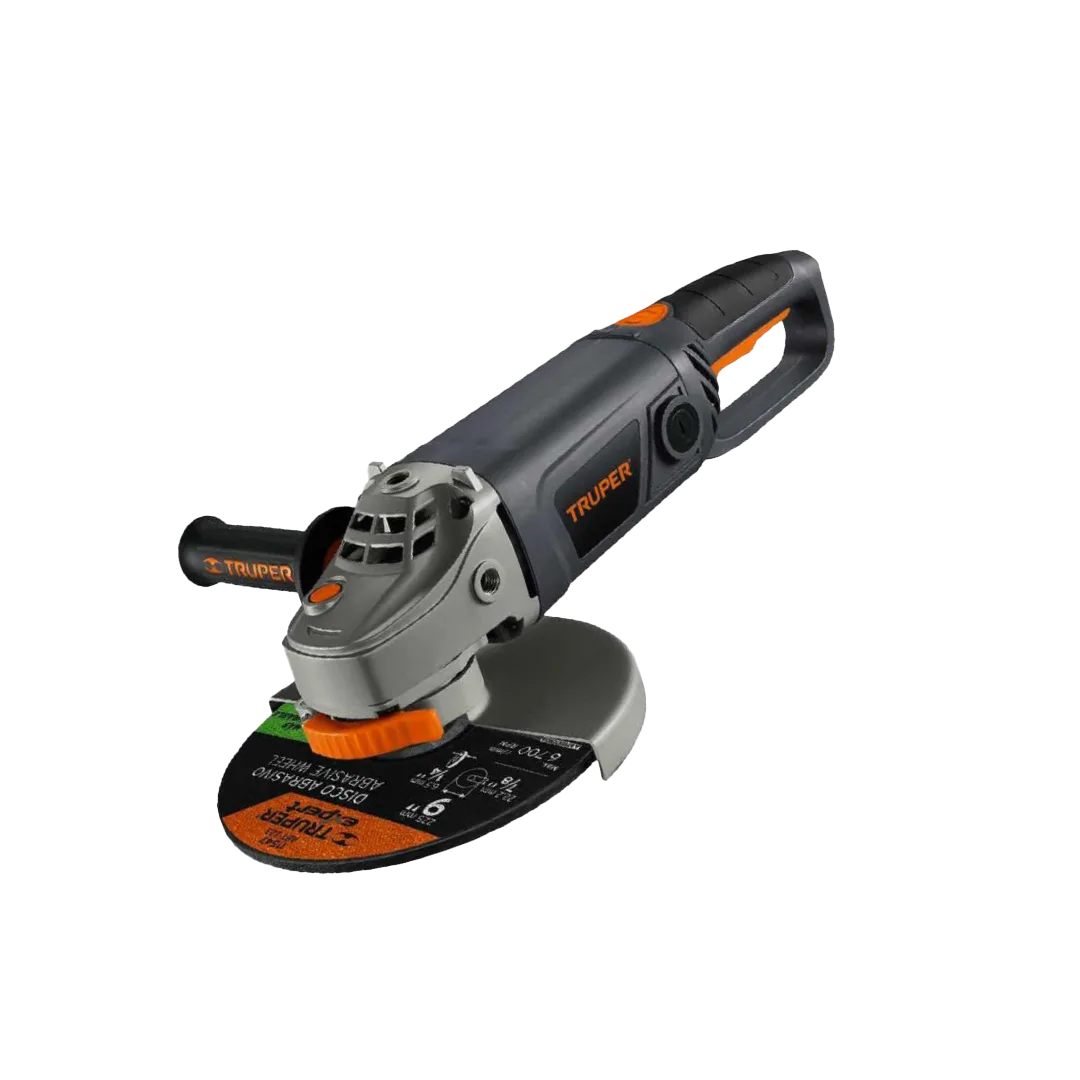 Pulidora Truper 2100W de 9” con mango ergonómico y ajustable a 3 posiciones, diseñada para trabajos profesionales de corte y esmerilado en concreto y metal.