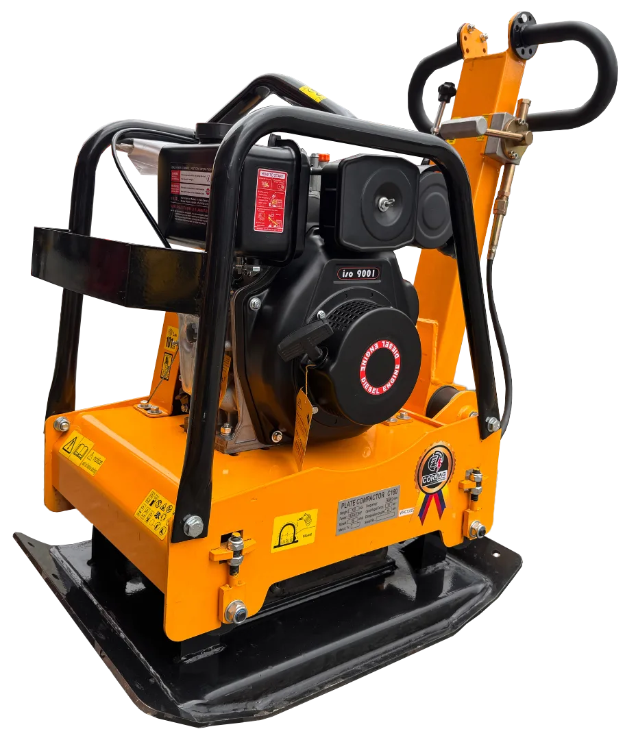 Rana compactadora Cormag C160 con motor diésel de 9 HP, fuerza de 30 kN y peso de 170 kg para compactación de suelos en obras medianas y grandes.
