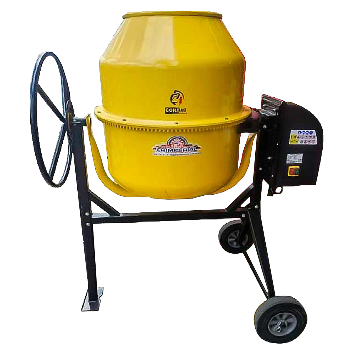 Mezcladora de concreto importada Cormag de 250 litros, con motor eléctrico 1100W o gasolina 6.5HP, práctica y resistente para construcción.