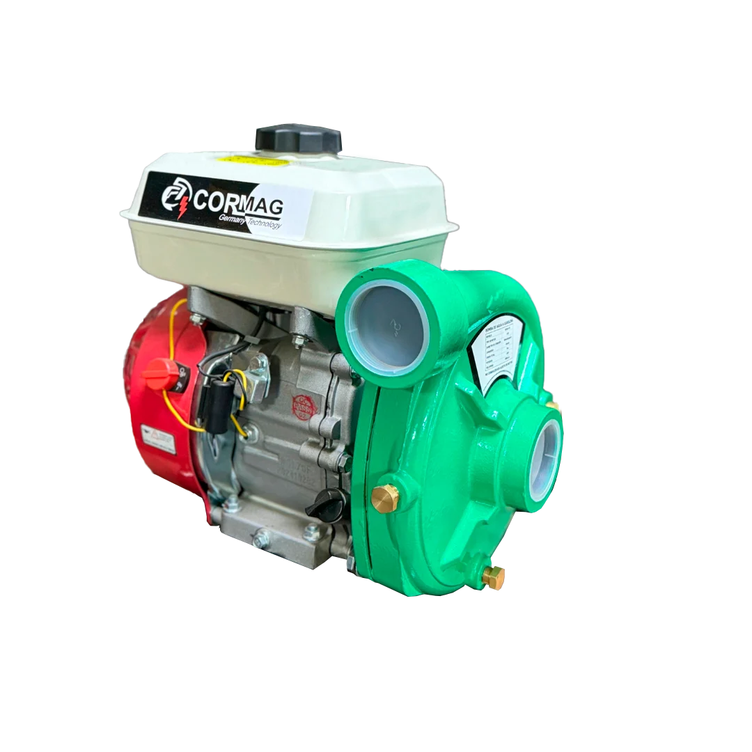 Motobomba CORMAG 9HP a gasolina con 520 L/min de caudal, altura máxima de 60 m y tanque de 6L, ideal para riego y uso industrial.