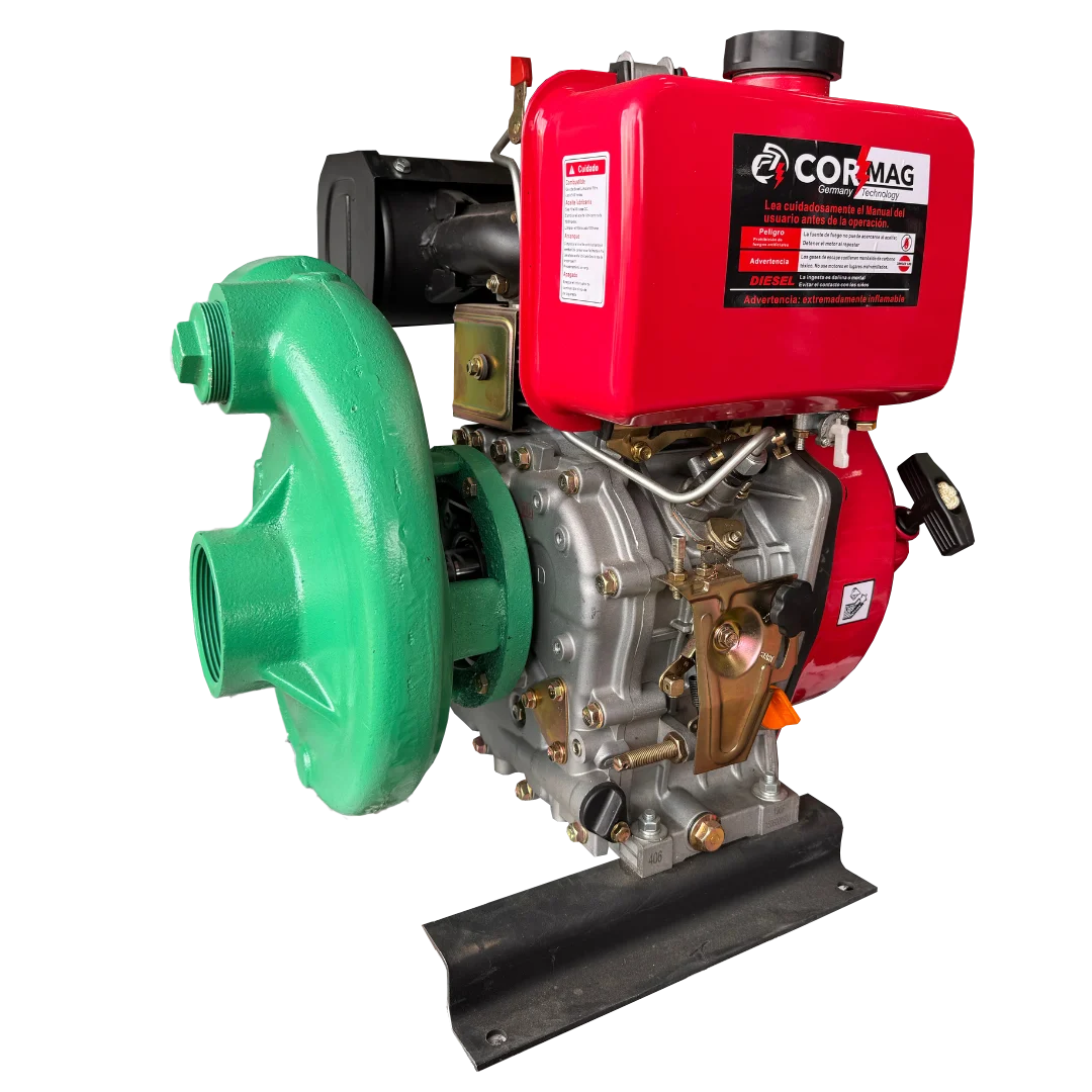 Motobomba Cormag 13HP diésel de alta presión, diseñada para trabajos agrícolas e industriales con alto rendimiento.