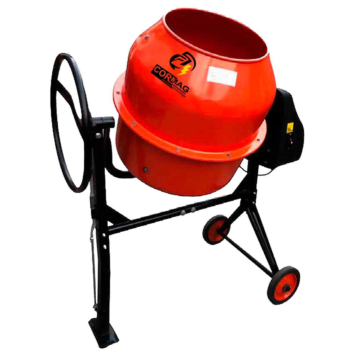 Mezcladora de concreto importada Cormag de 200 litros con motor eléctrico de 800W, práctica y resistente para proyectos de construcción en Colombia.