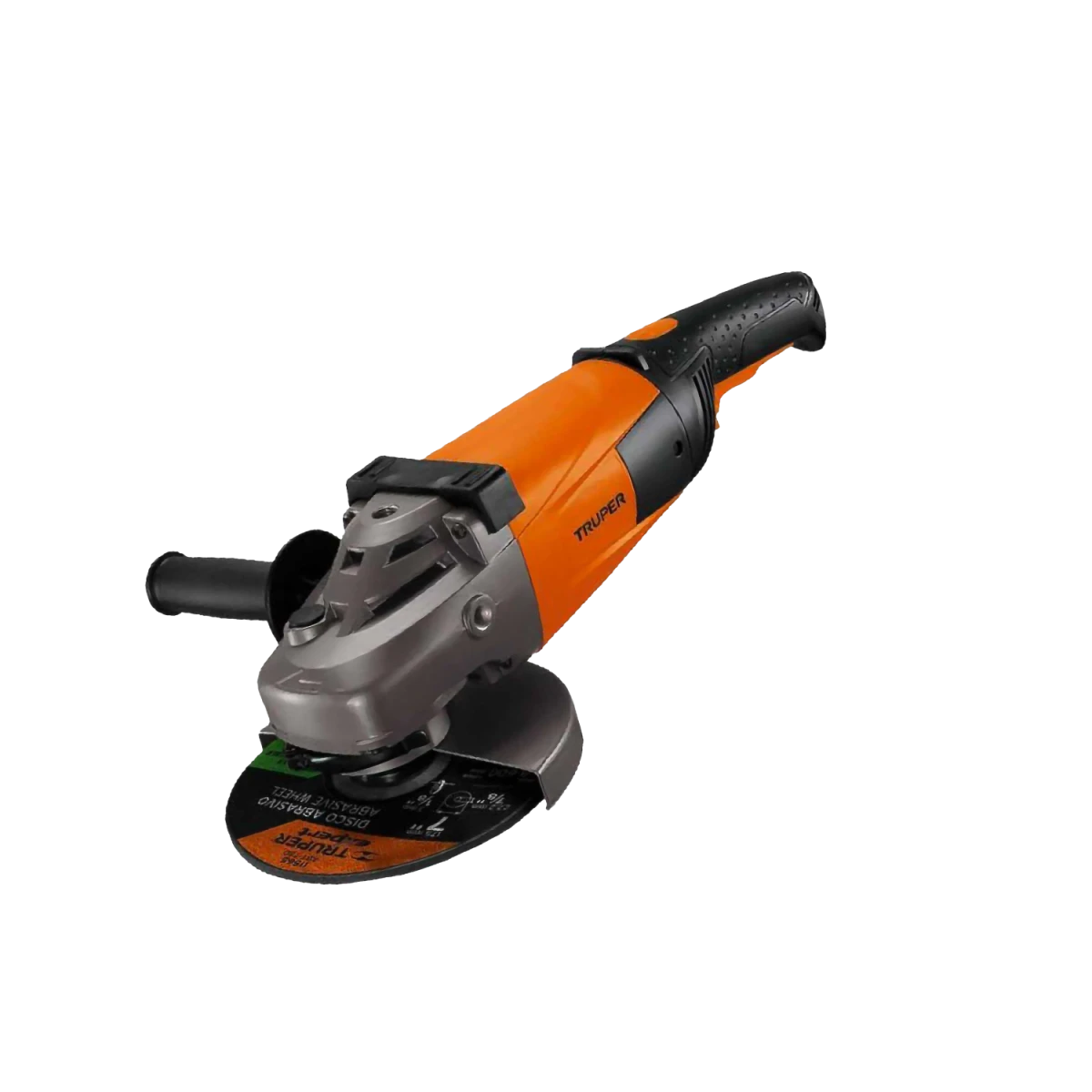 Pulidora Truper 700W de 4 ½” con diseño compacto, mango ajustable y función de uso continuo para cortar y esmerilar concreto, acero y piedra.