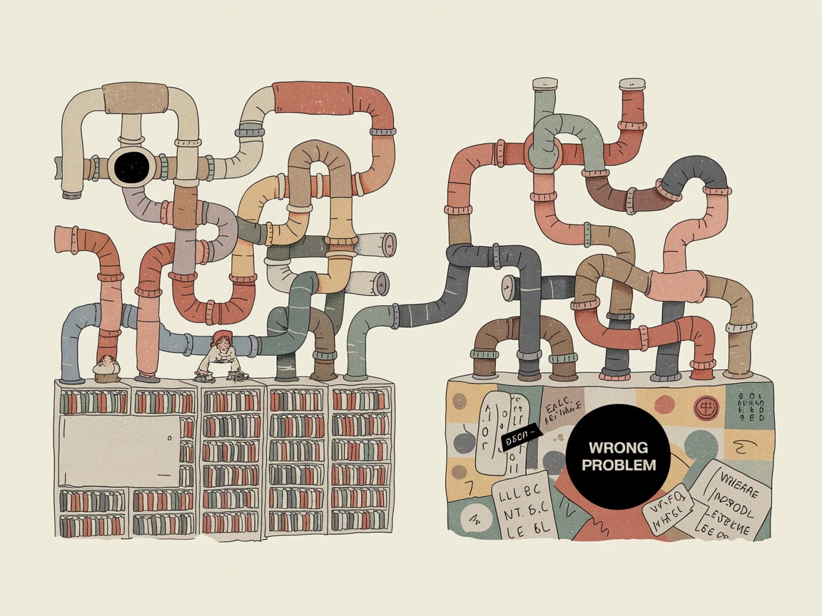 An architect's blueprint overlaid on a tangled mess of data pipelines, symbolising the gap between good infrastructure and poorly framed ML problems
