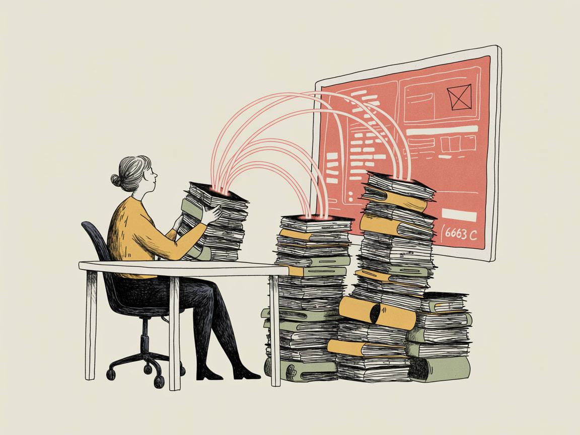 A fractured digital stack with AI signal patterns emerging from archived content layers