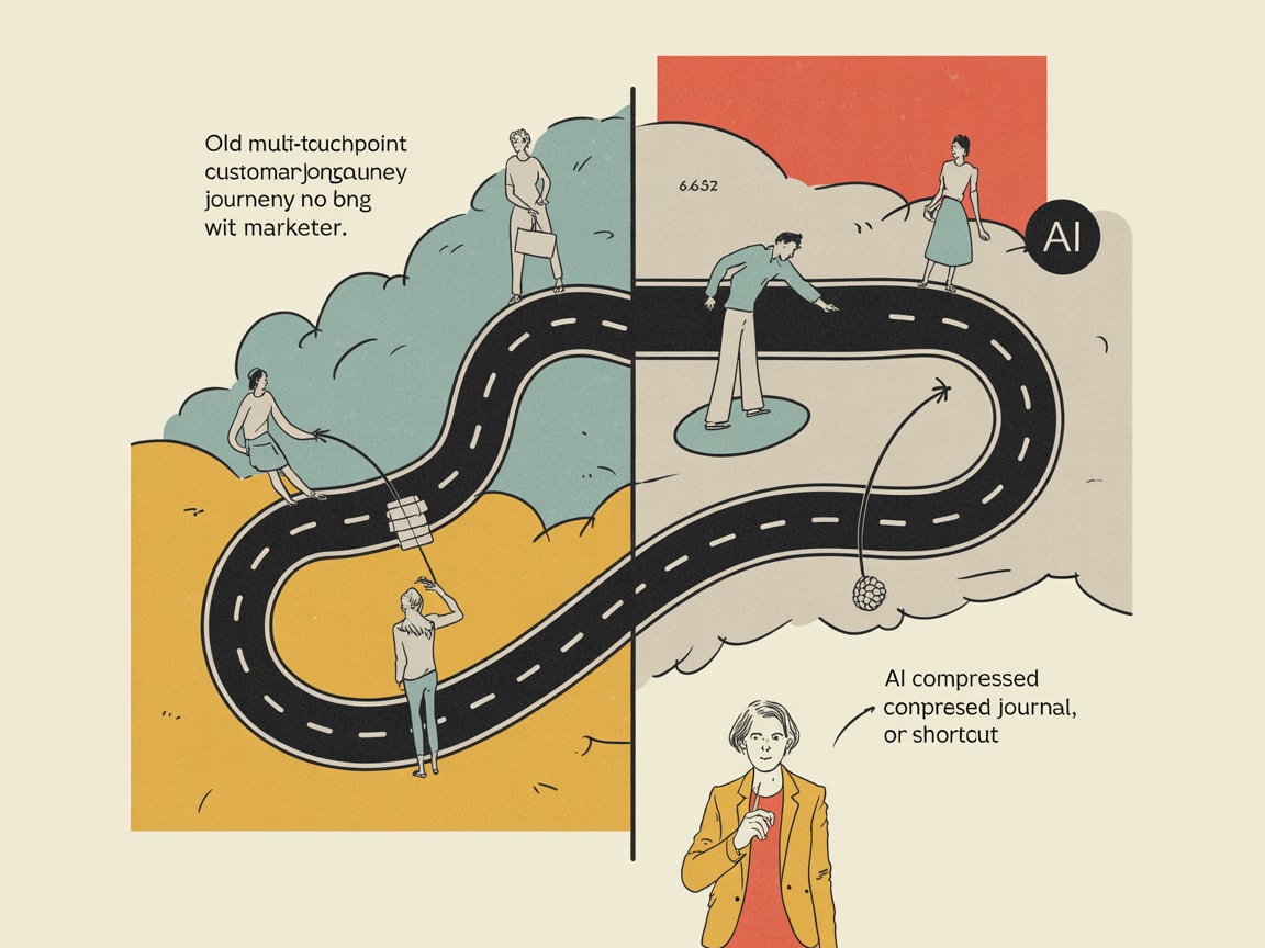 Abstract visualization of a compressed customer decision journey being reshaped by AI search signals and data flows