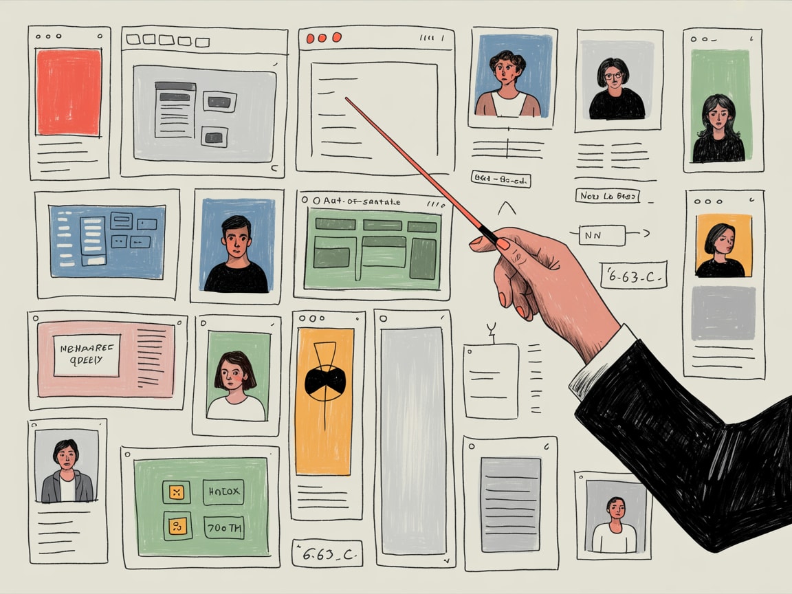 A human hand directing a network of AI-generated interface components on a digital canvas