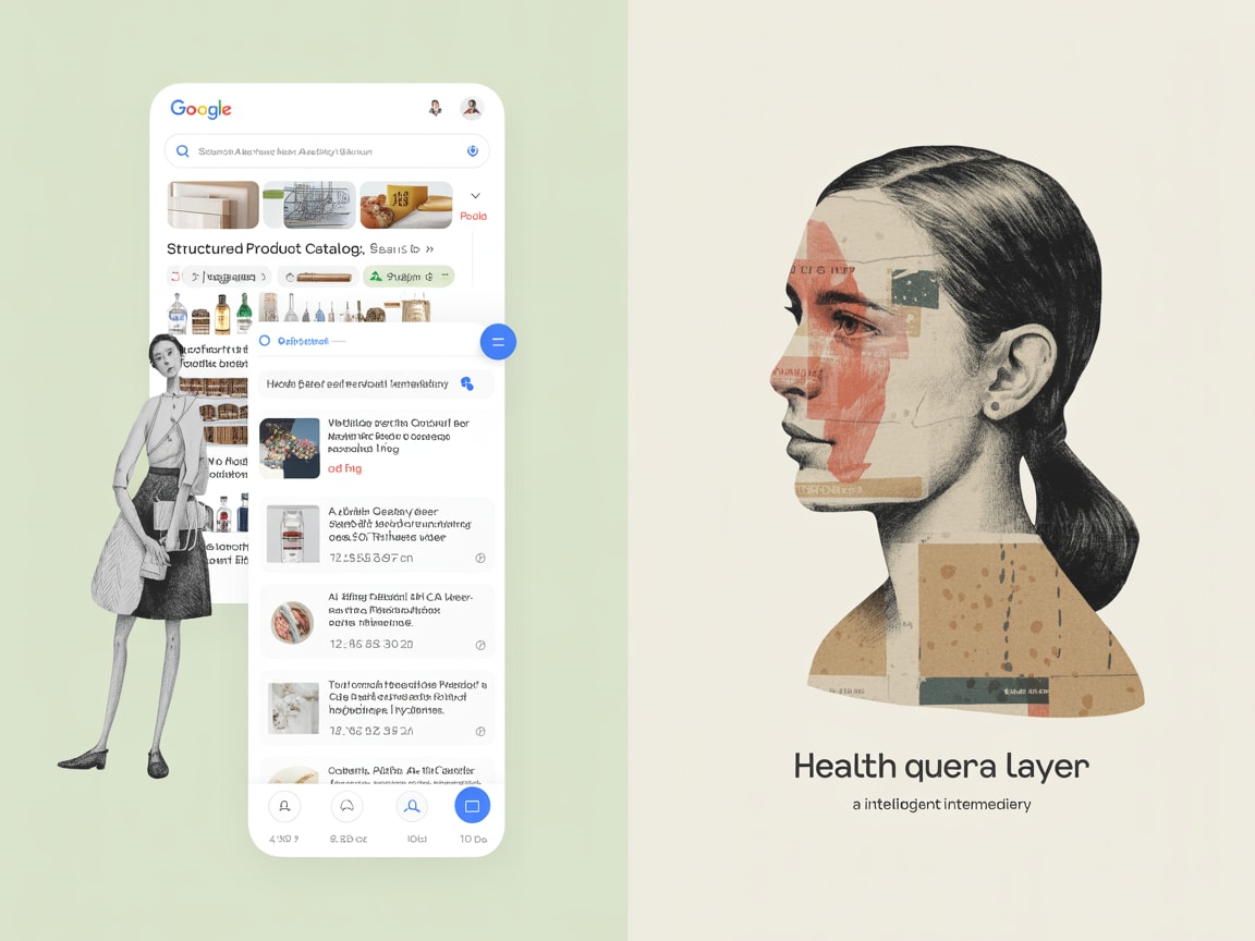 Abstract representation of Google's AI and commerce protocol layers reshaping search results