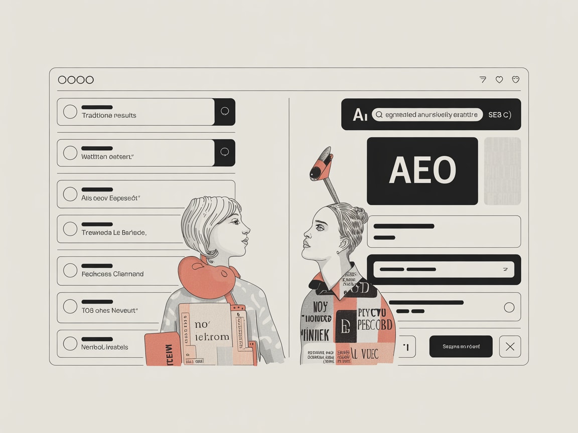 A strategist studying AI-generated search results on a screen, with brand visibility metrics rising in the background
