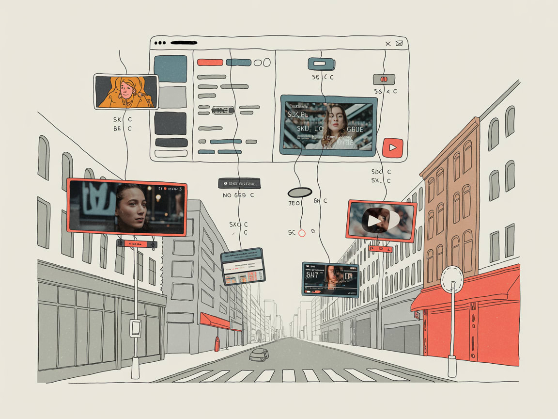 Abstract visualization of programmatic ad signals connecting product barcodes to video screens and digital out-of-home billboards