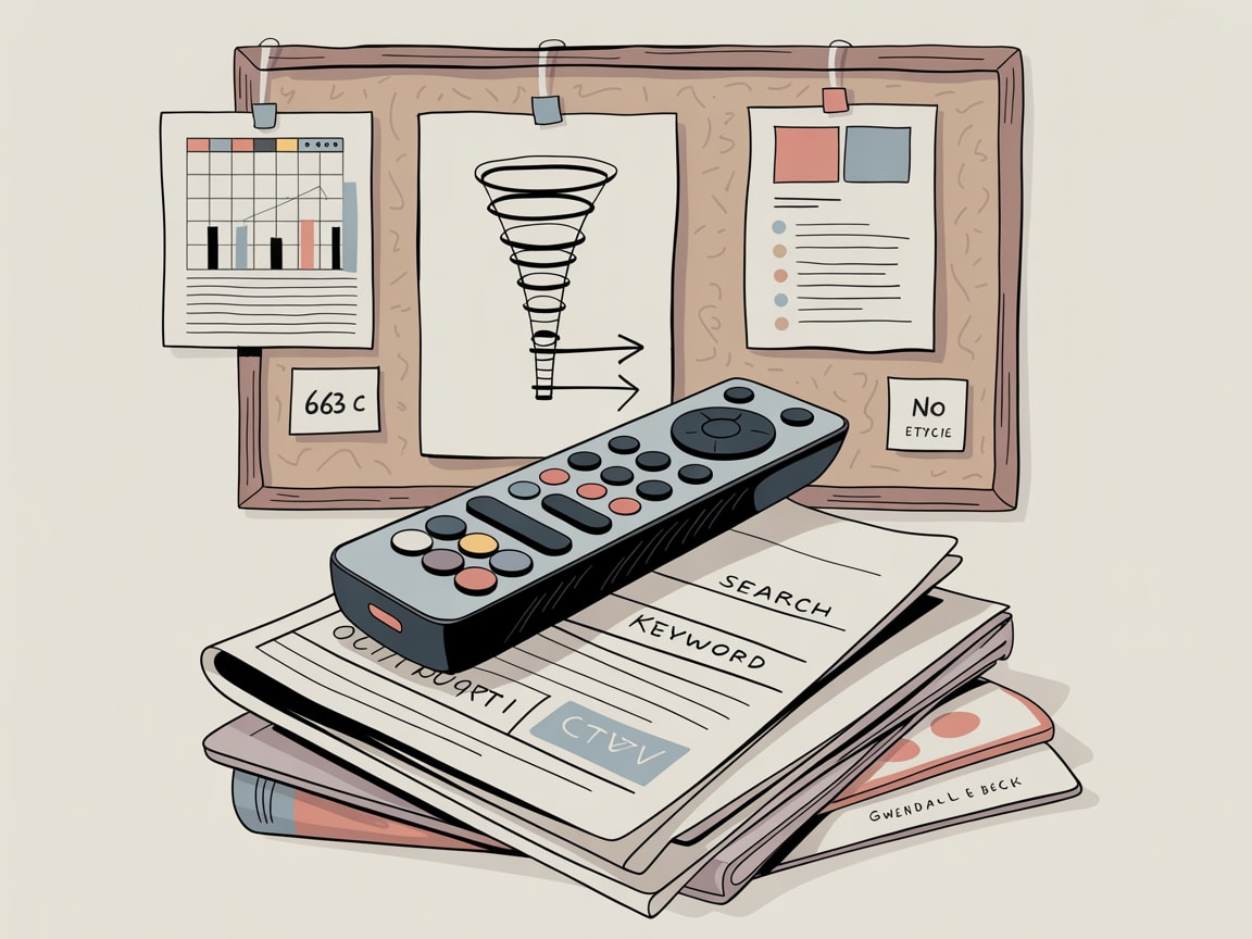 Abstract illustration of a television screen and search bar competing for ad budget allocation