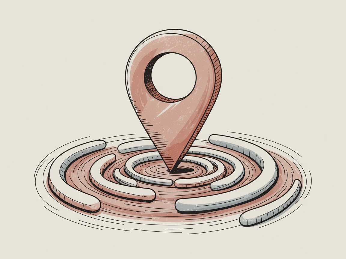 Abstract map pins and search ranking signals converging over a Southeast Asian city grid at dawn