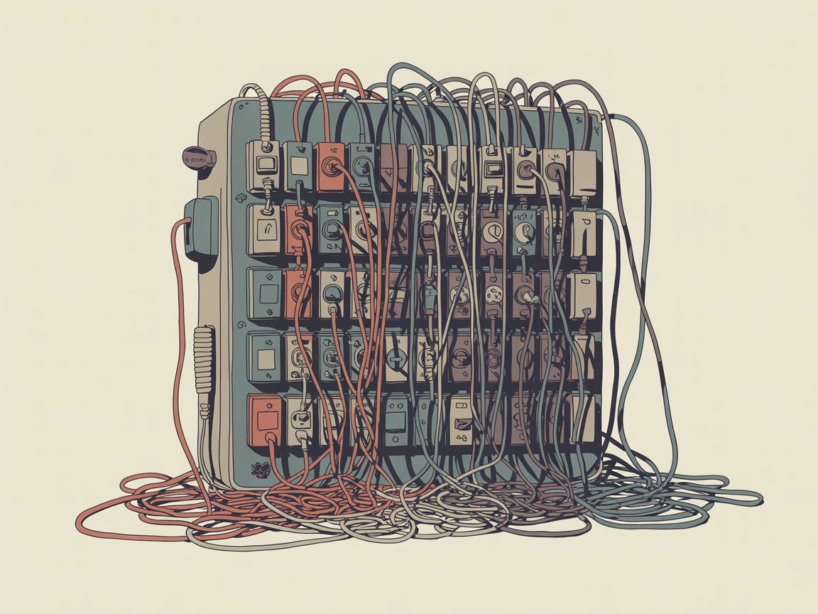 Editorial illustration of a single figure pulling a tangled cable from a wall socket while a robot arm waits patiently nearby
