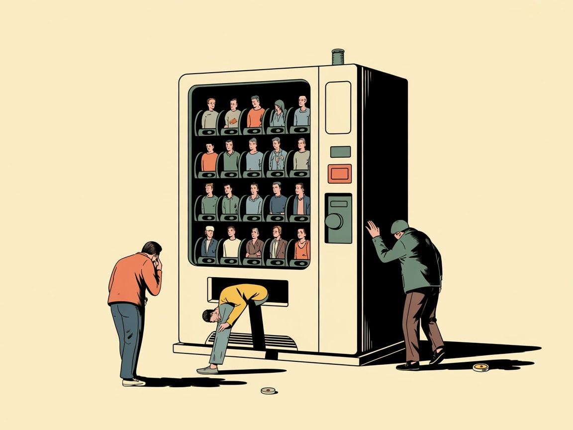 Editorial illustration of a small figure feeding an enormous slot machine labeled with ad platform icons, with a single coin labeled '$2.50' mid-air