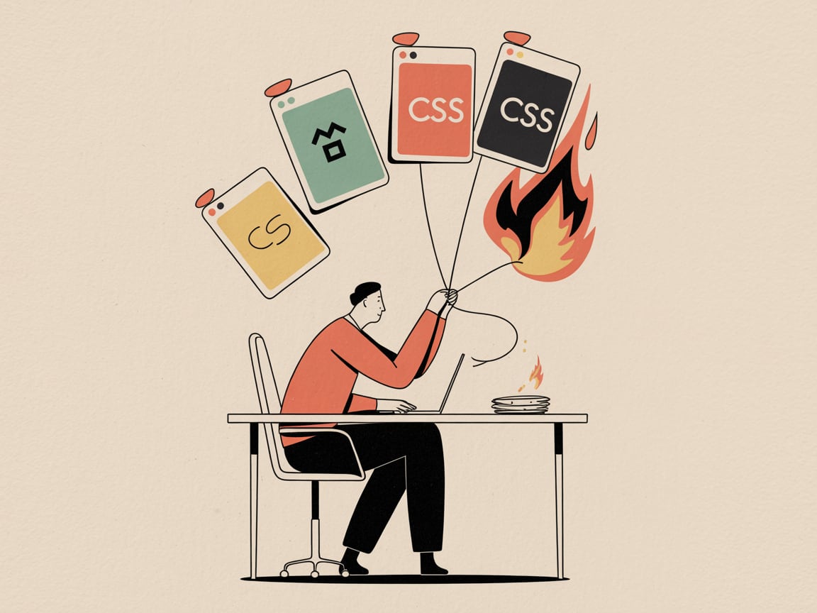 Editorial illustration of a developer orchestrating thousands of animated cubes and motion paths on a giant web canvas