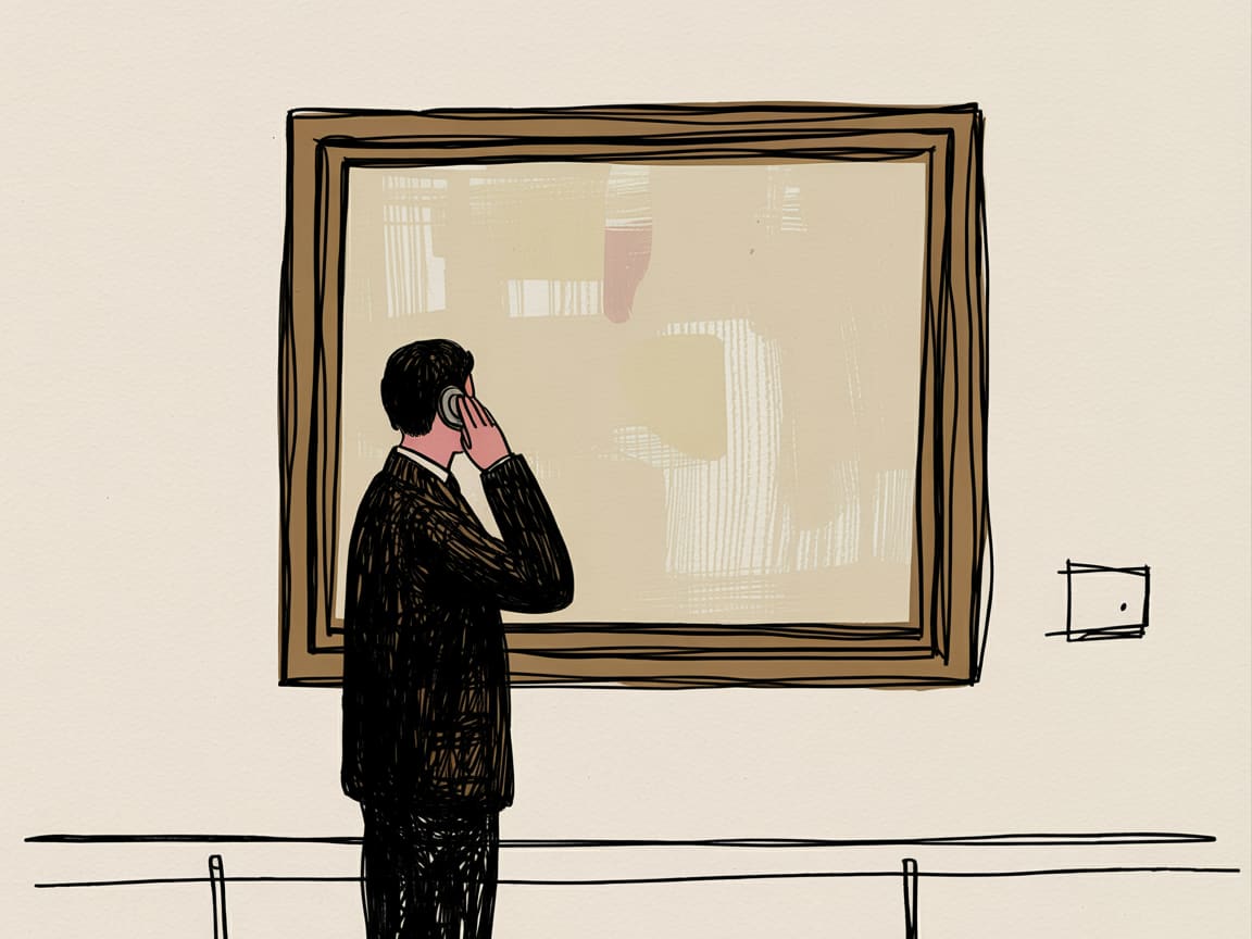 A designer staring at a polished UI mockup while a second, invisible version of the interface floats beside it, rendered only in text labels and spoken words