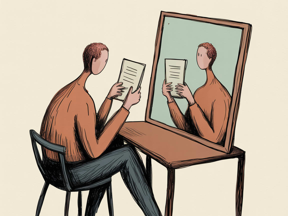 An editorial illustration of a figure sorting through a flood of identical-looking documents, searching for something authentic