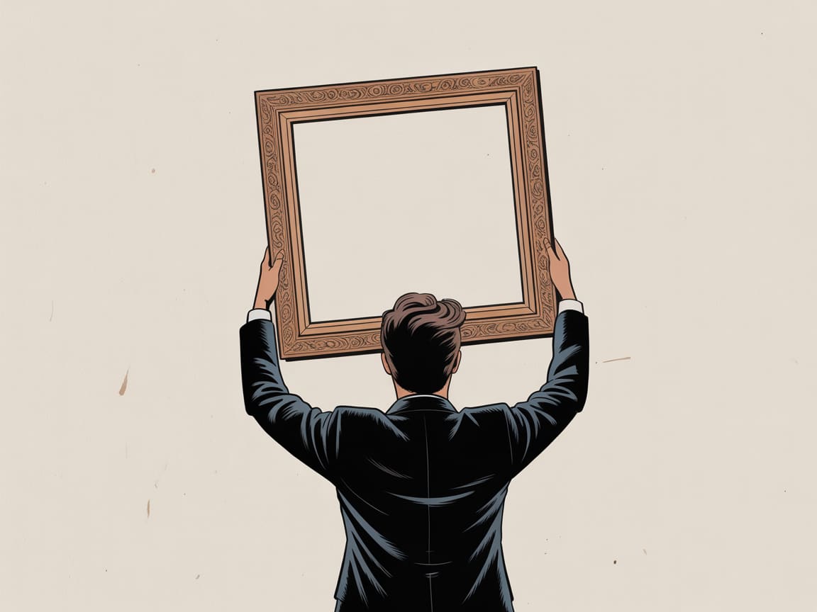 Editorial illustration of a designer looking at a polished UI while a hidden structural layer beneath it remains unexamined